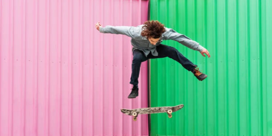 Man doing kickflip on a skateboard with colorful backdrop