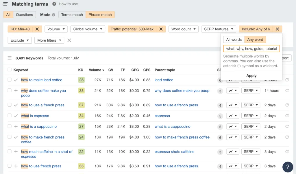 Matching terms report with filters applied