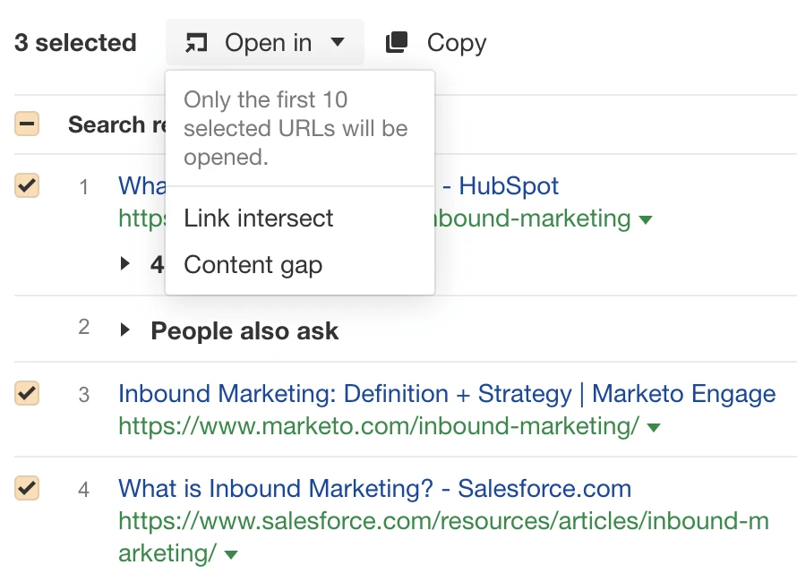 Opening the top-ranking pages in Content Gap