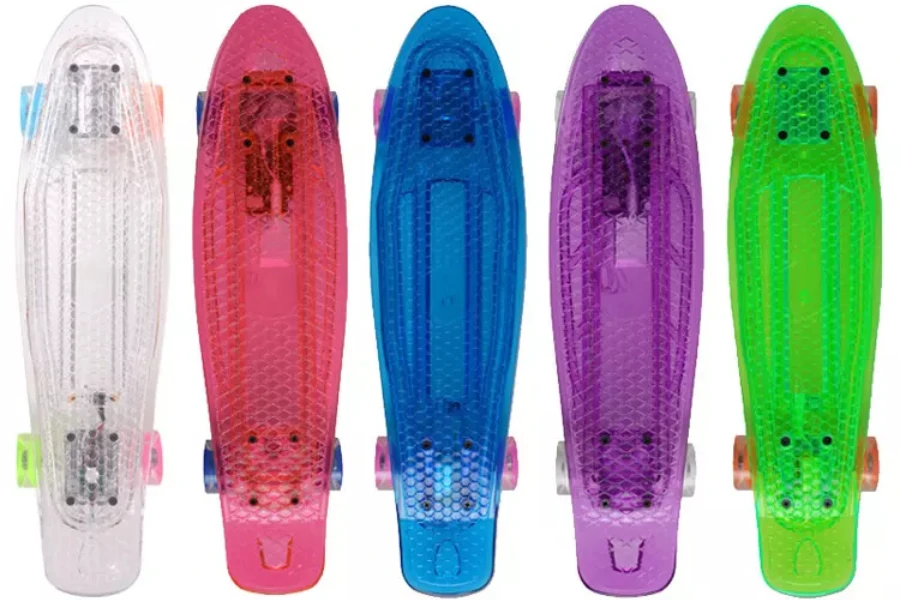 Selection of plastic skateboards with glow-in-the-dark features