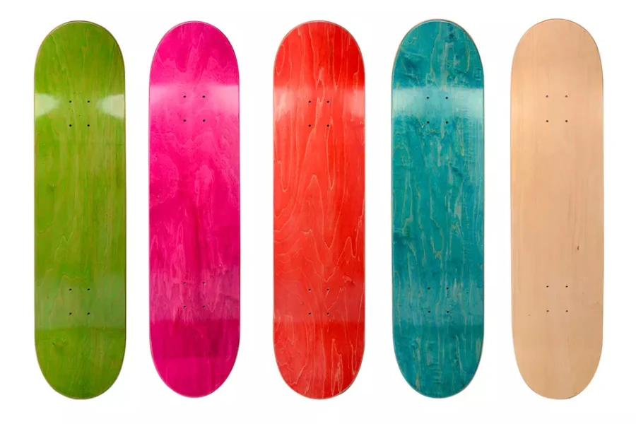 Selection of skateboards in vibrant colors lined up