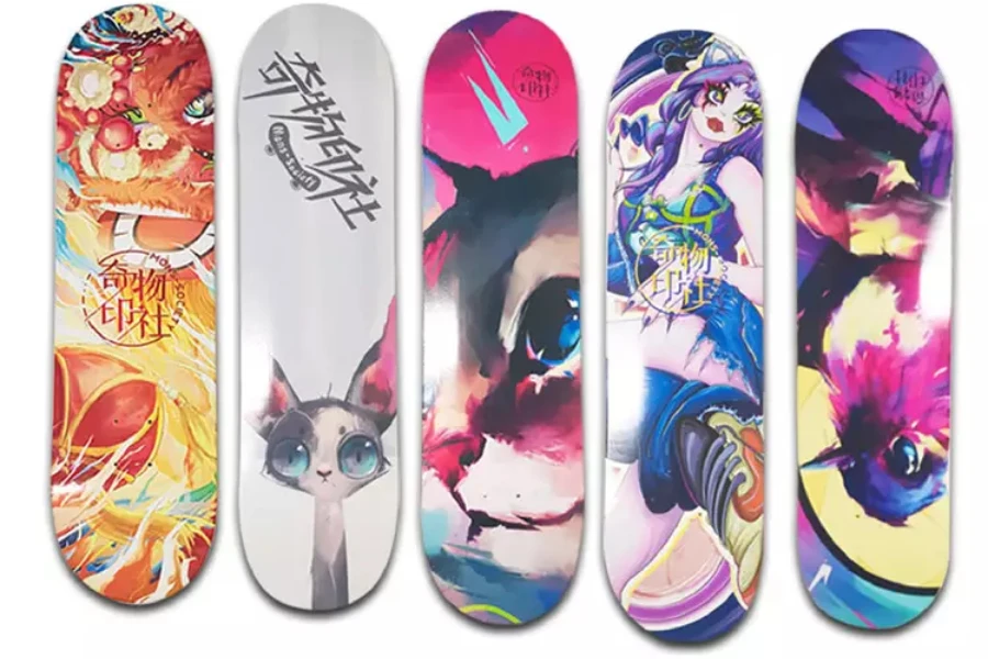 Selection of skateboards with unique prints on the bottom