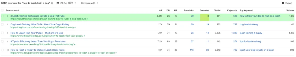 Ahrefs'in Anahtar Kelime Gezgini aracılığıyla altıncı sonucun SERP genel bakış detayı