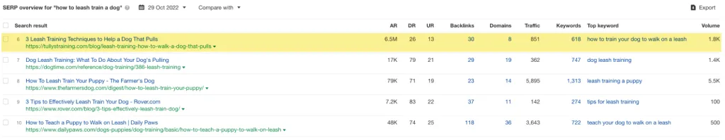 Detalhe da visão geral da SERP do sexto resultado