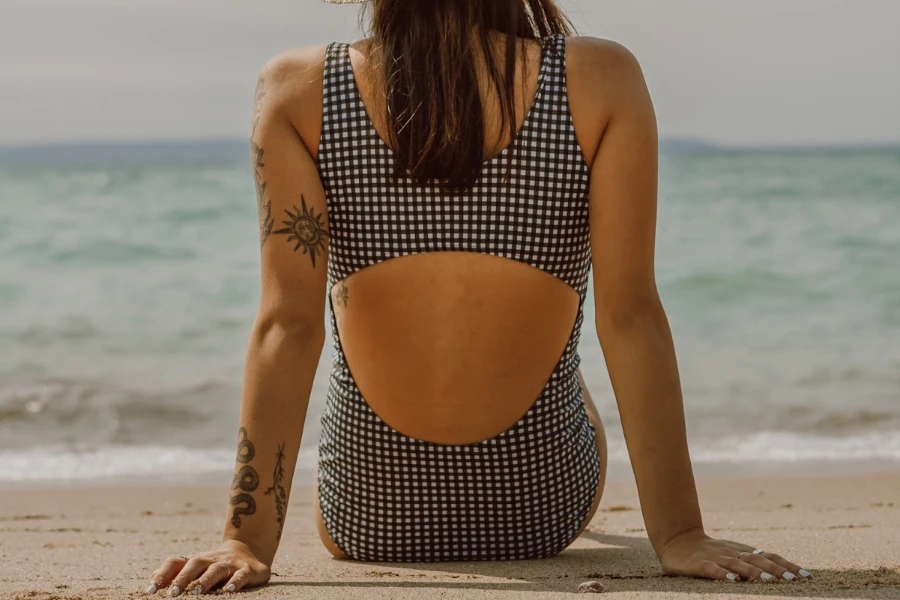 swimsuit with cut out detail and gingham print