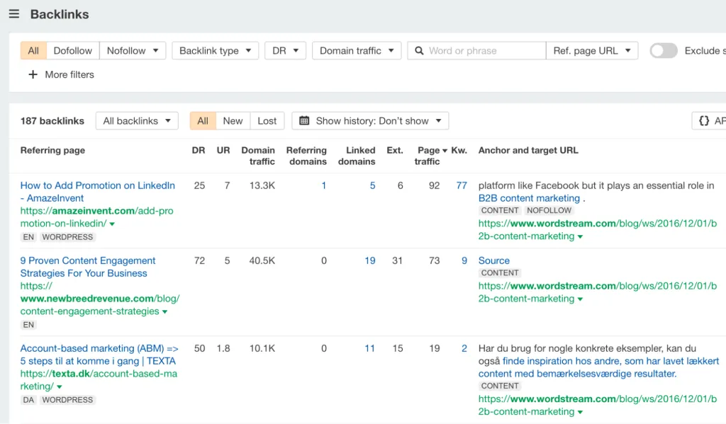 The Backlinks report via Ahrefs' Site Explorer