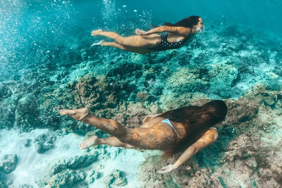 two women swimming at the base of the ocean floor