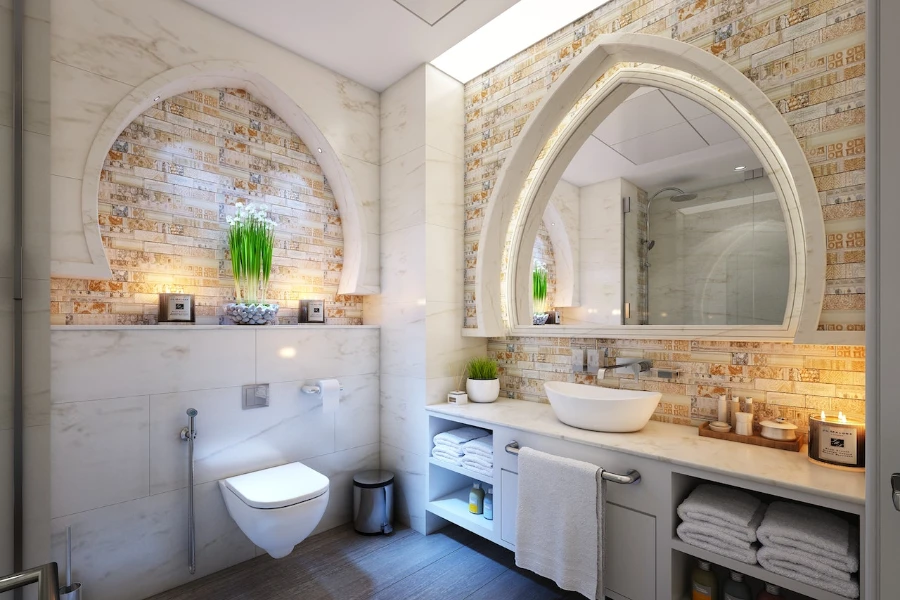 White wall-hung toilet in a cosy bathroom