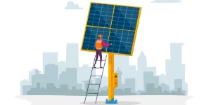 worker character stand on ladder near solar panel on cityscape background