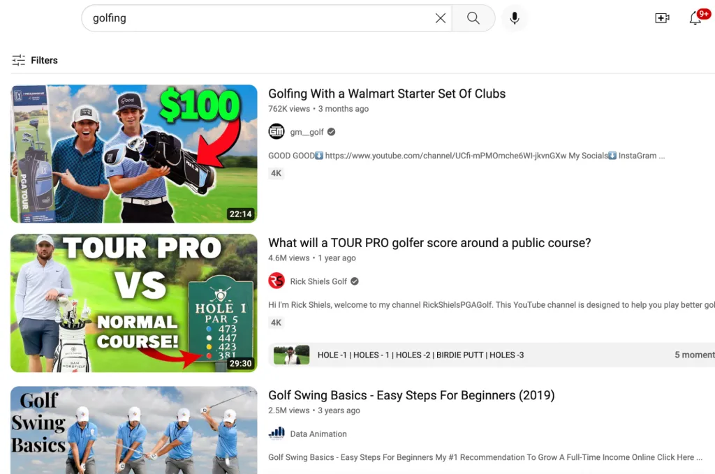 YouTube search results for golfing