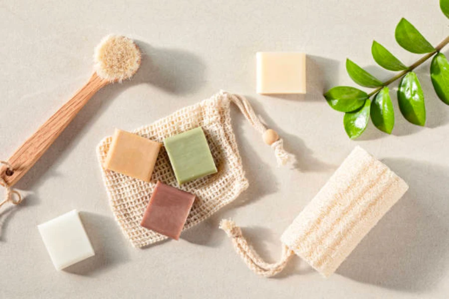 Assorted ethical soaps, sponges, and bags