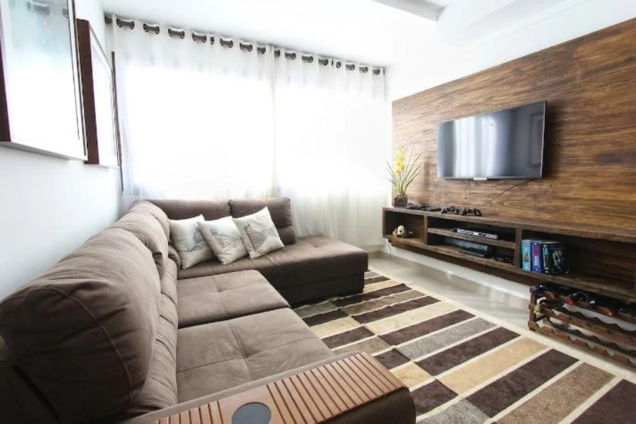 Brown fabric sectional with end table unit