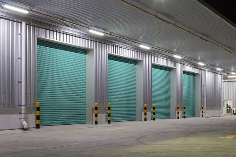 Canopy lights lit up above large warehouse doors