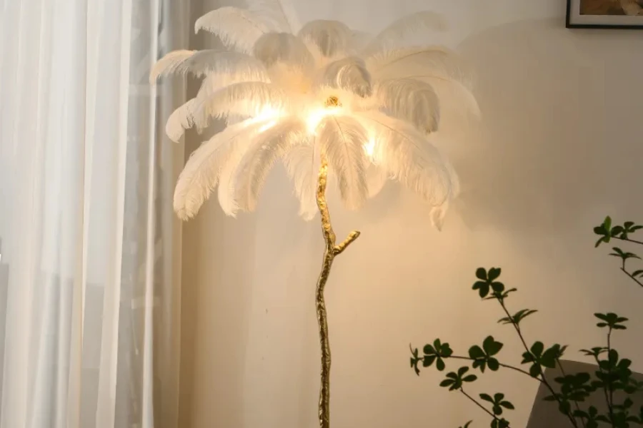 Floor lamp with tree base and white feathered top