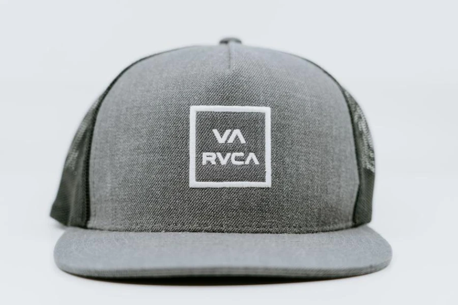Gray mesh cap with embroidered white branded logo