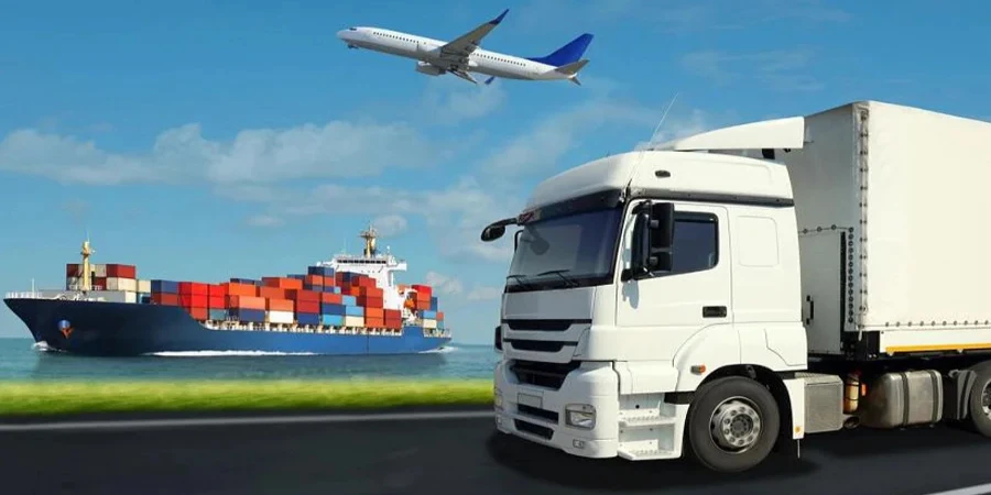 Images of different transports, ship, plane and truck