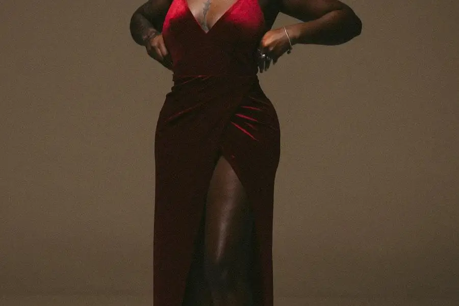 Lady wearing a luxe red wrap dress
