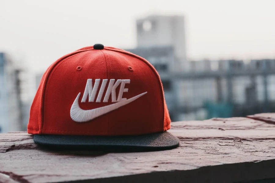 Red and black fitted cap with embroidered Nike logo