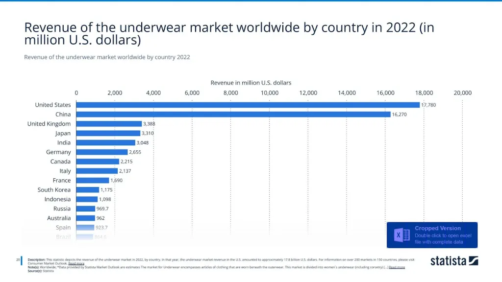 Revenue of the underwear market worldwide by country 2022