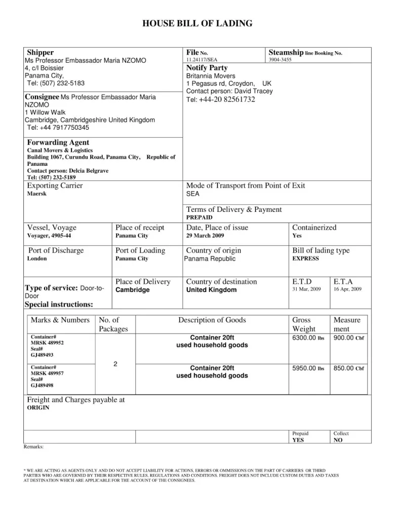 Standard template of a house bill of lading