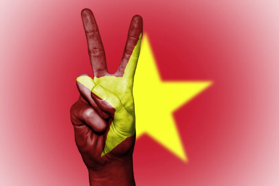 Bandeira vietnamita e uma mão de sinal de paz