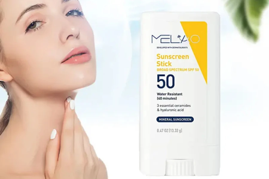 Woman beside a sunscreen stick