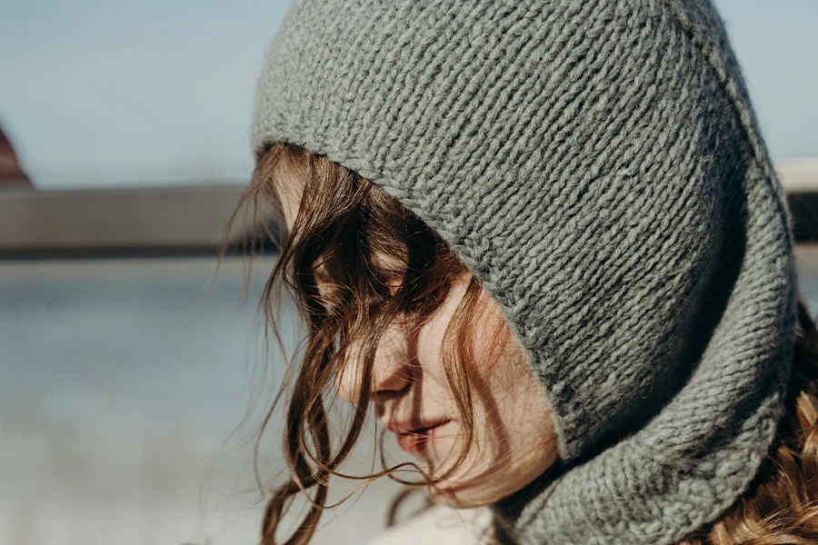 Woman rocking a gray hooded balaclava