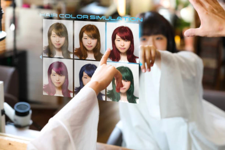 Women scrolling through a virtual beauty simulation