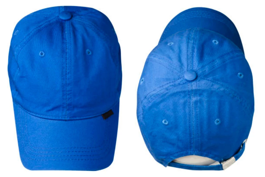 A blue canvas style baseball cap front and back