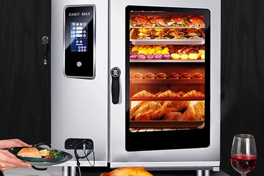 A commercial combi oven in a restaurant