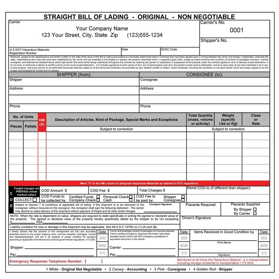 A generic bill of lading document / BoL template