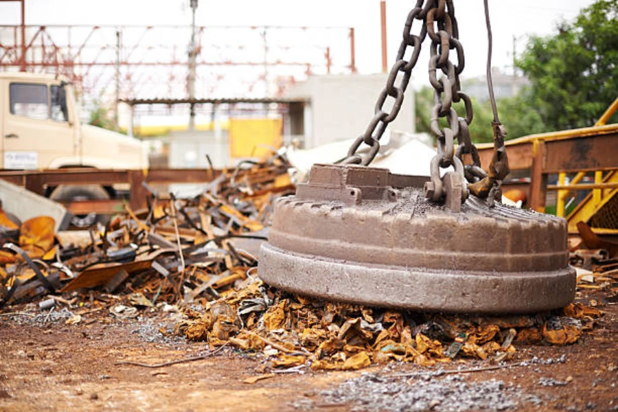 A large magnet collecting scrap metal to be recycled