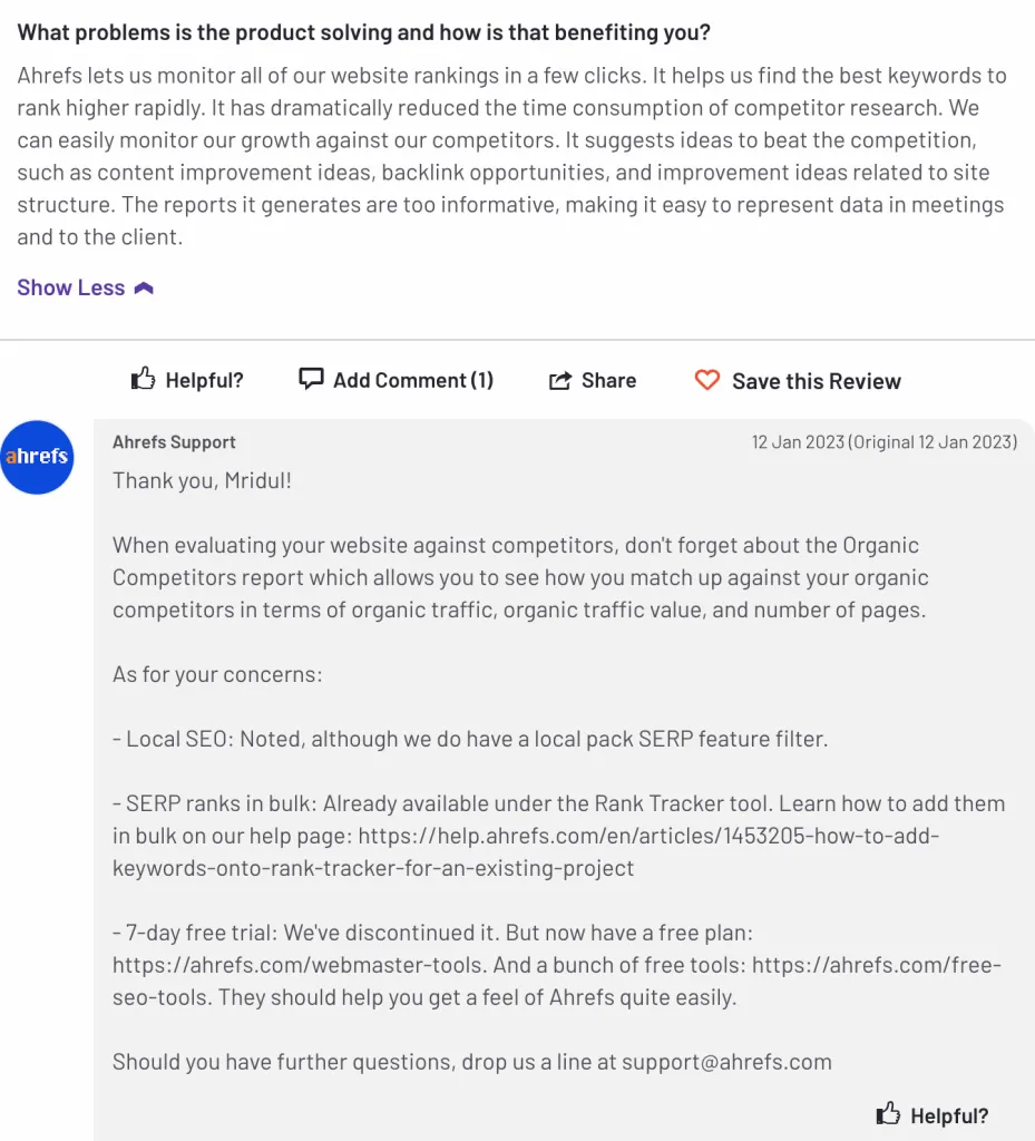 A response from Ahrefs to a review on G2