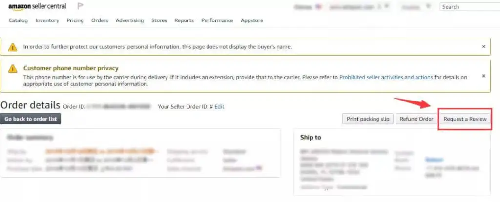 Página de Amazon que muestra dónde está el botón "solicitar una revisión"