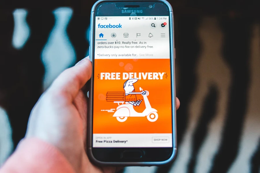 An image of a video ad on the social media platform Facebook, promoting free delivery