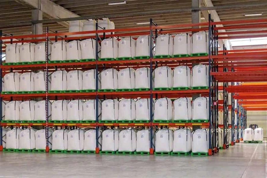 Chemical storage shelving with chemicals