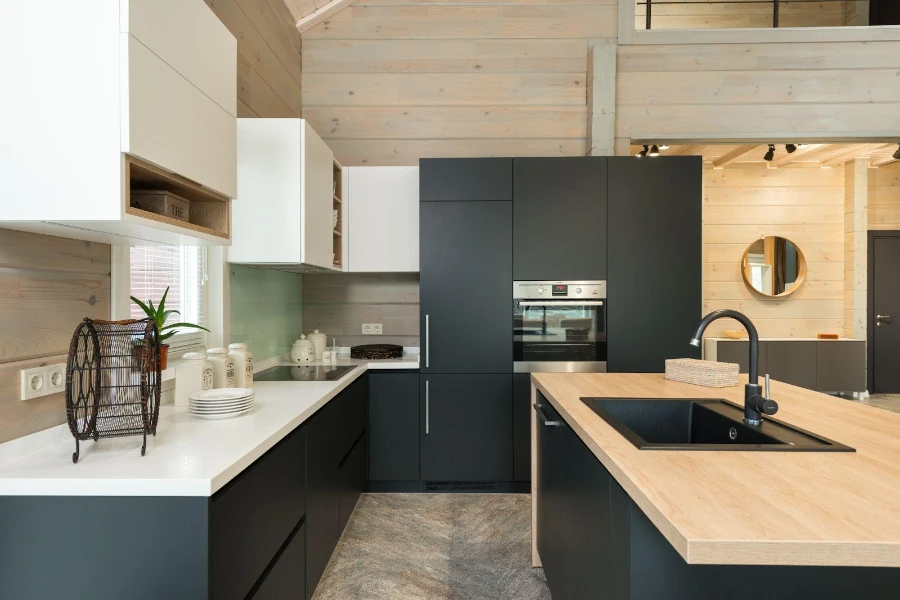 Countertop and faucet in a tidy kitchen