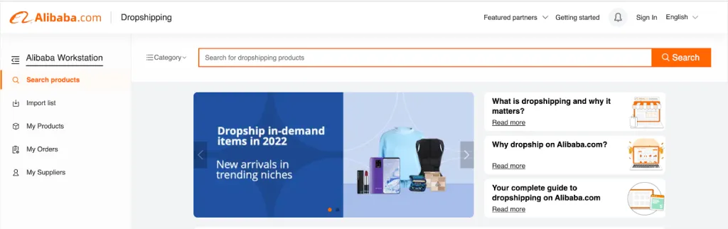 Dropshipping page for finding products on Alibaba.com