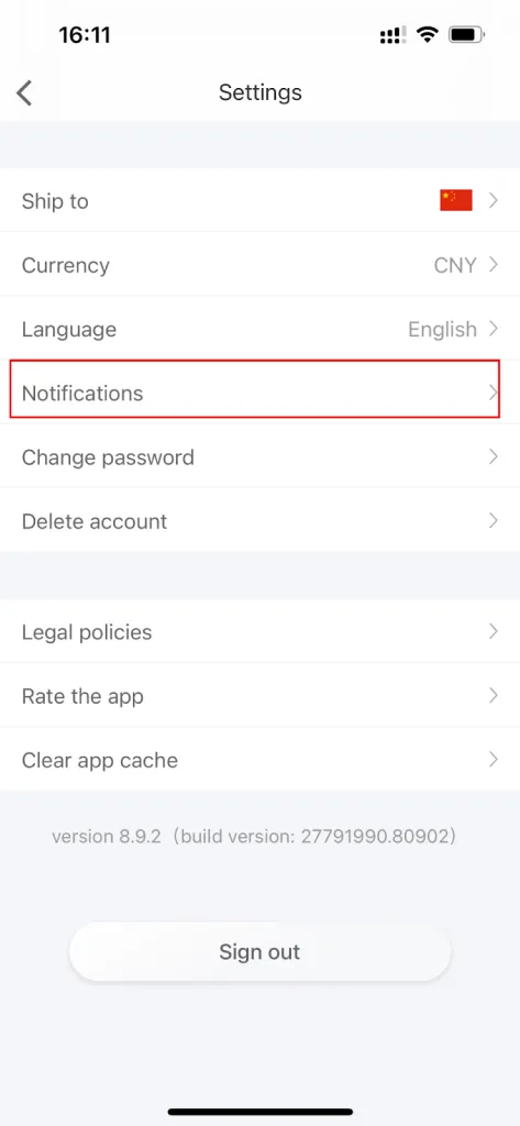 Abilitazione delle notifiche dall'app Alibaba.com