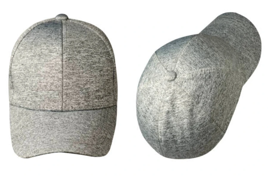 Front and back of a grey cotton blend baseball cap