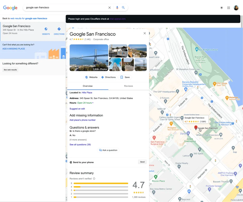 Esempio di scheda locale di Google My Business per Google San Francisco