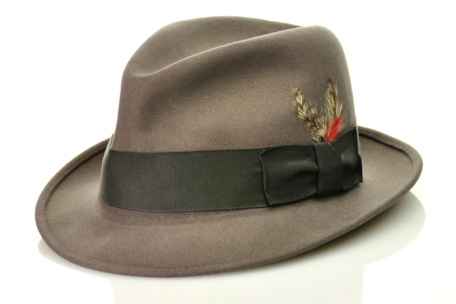 Gray fedora hat with feathers