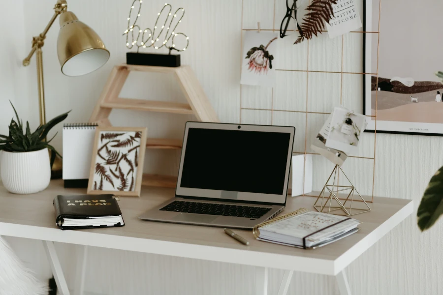 Laptop on wooden desk