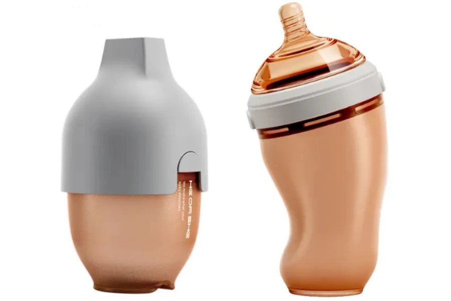 One covered baby bottle and one angled baby bottle