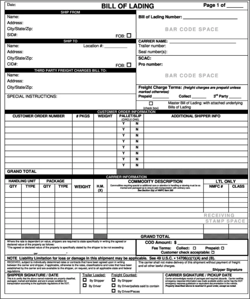 sample of a Bill of Lading document