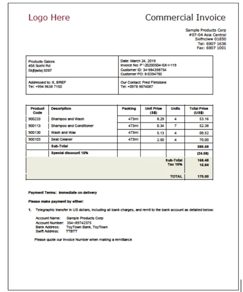 sample of a Commercial Invoice document