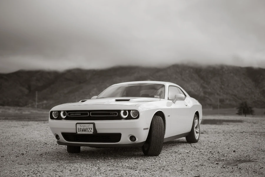 Sleek car pictured in black and white