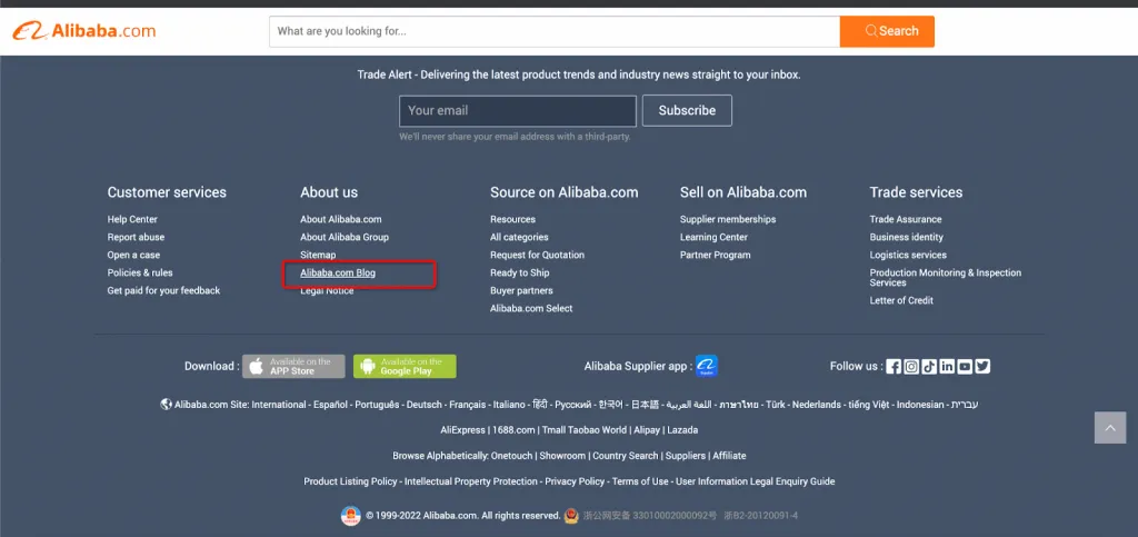 The footer section of Alibaba.com home page