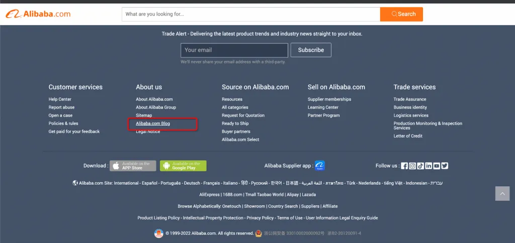 A seção de rodapé da página inicial do Alibaba.com