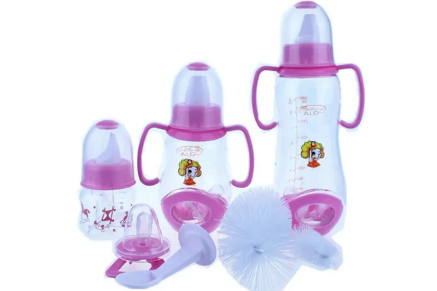Three plastic baby bottles of different sizes